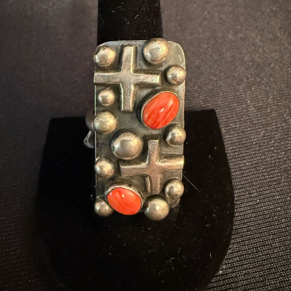 Native American Chimney Butte Cross Dot Sterling and Orange Spiney Oyster Ring